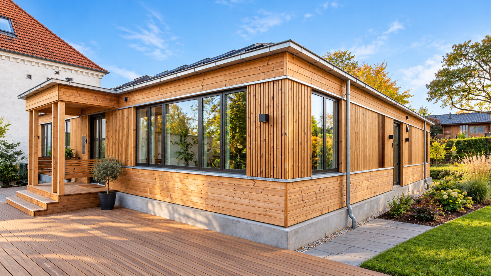 Moderne trætilbygning i nordisk stil med terrasse